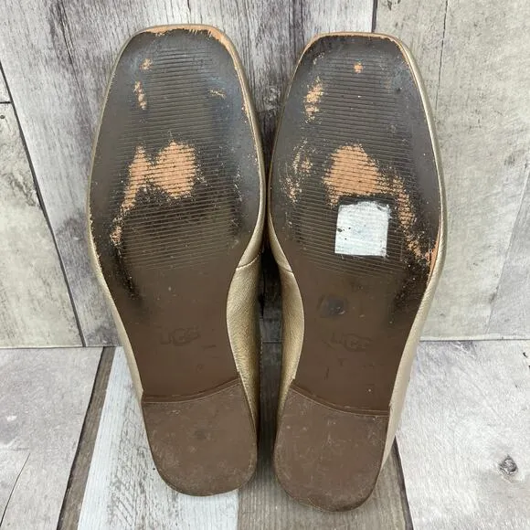 Ugg Shoes Loafers Sz 8 Leather Gold Metallic Slip On Casual Careerwear Glam