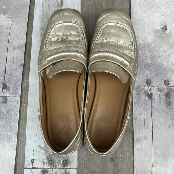 Ugg Shoes Loafers Sz 8 Leather Gold Metallic Slip On Casual Careerwear Glam