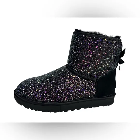UGG Womens Boots 10 Classic Mini Bow Black Purple Cosmos Sparkles Multi Glitter