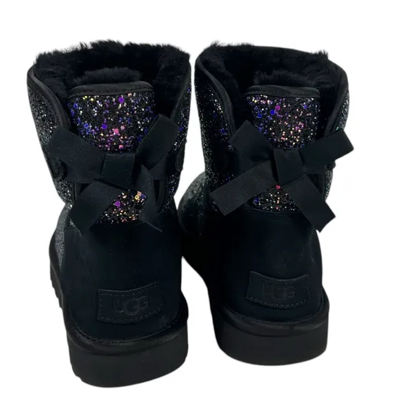 UGG Womens Boots 10 Classic Mini Bow Black Purple Cosmos Sparkles Multi Glitter