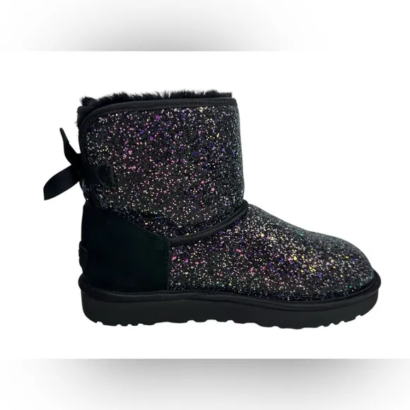UGG Womens Boots 10 Classic Mini Bow Black Purple Cosmos Sparkles Multi Glitter