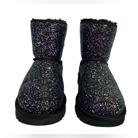 UGG Womens Boots 10 Classic Mini Bow Black Purple Cosmos Sparkles Multi Glitter