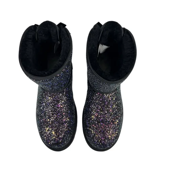 UGG Womens Boots 10 Classic Mini Bow Black Purple Cosmos Sparkles Multi Glitter