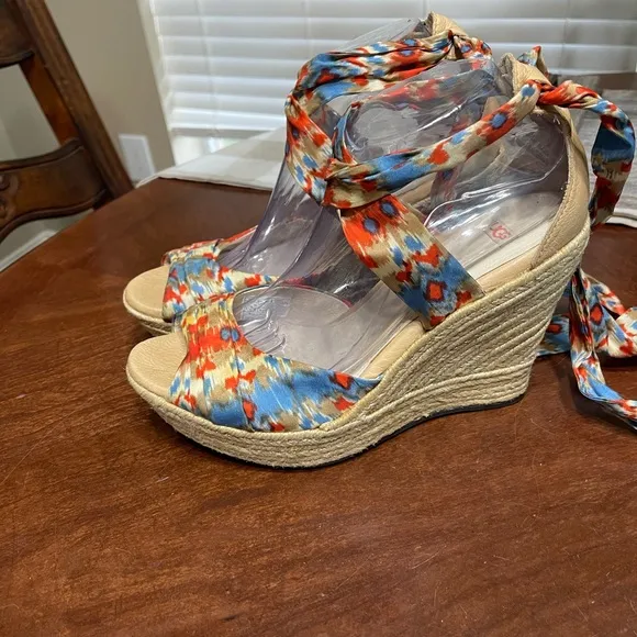 UGG® Lucianna 1000695 Open Toe Espardrille Wedge Heel Leather Sandals Sz 9.5