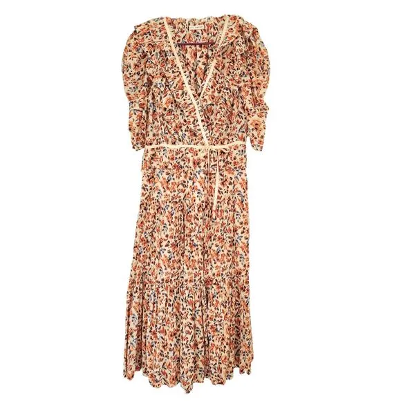 Ulla Johnson Dress Midi Wrap Orange Blue Ruffle Pleated Knit Trim Lisette US 4