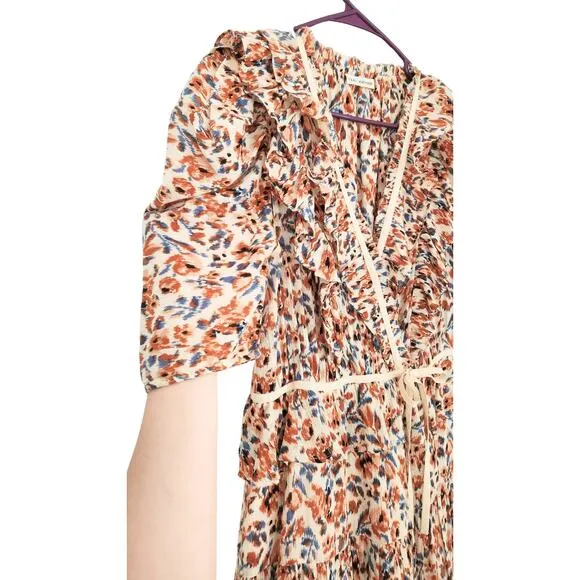 Ulla Johnson Dress Midi Wrap Orange Blue Ruffle Pleated Knit Trim Lisette US 4