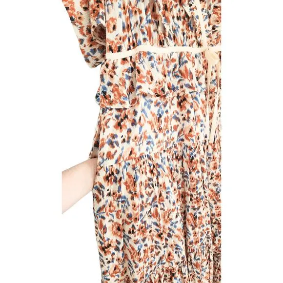 Ulla Johnson Dress Midi Wrap Orange Blue Ruffle Pleated Knit Trim Lisette US 4