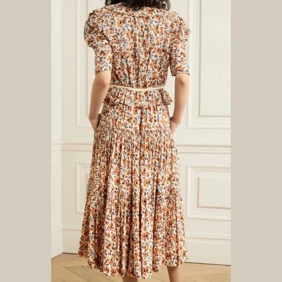 Ulla Johnson Dress Midi Wrap Orange Blue Ruffle Pleated Knit Trim Lisette US 4