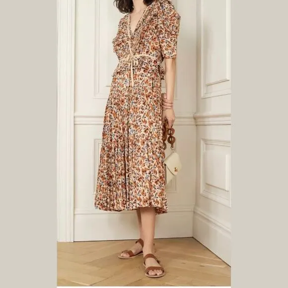 Ulla Johnson Dress Midi Wrap Orange Blue Ruffle Pleated Knit Trim Lisette US 4