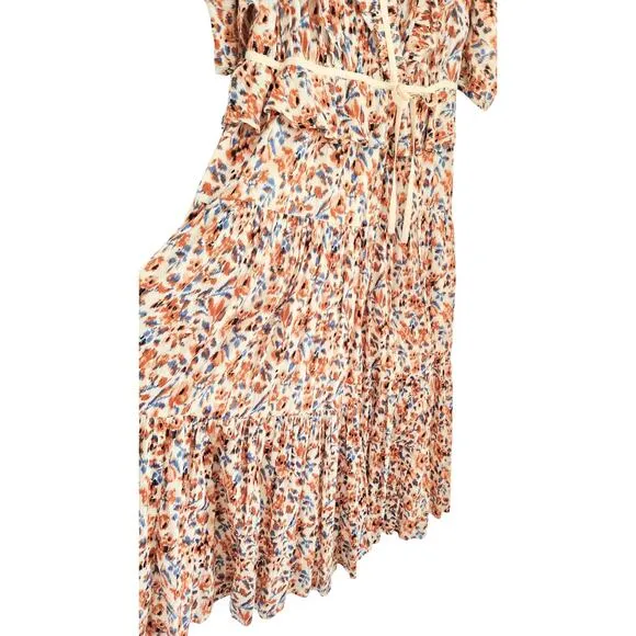 Ulla Johnson Dress Midi Wrap Orange Blue Ruffle Pleated Knit Trim Lisette US 4