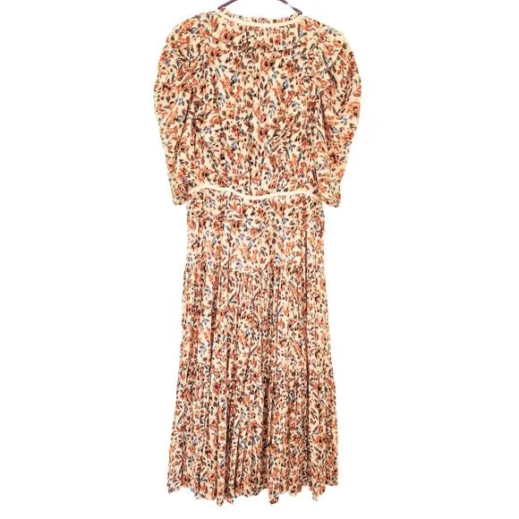 Ulla Johnson Dress Midi Wrap Orange Blue Ruffle Pleated Knit Trim Lisette US 4