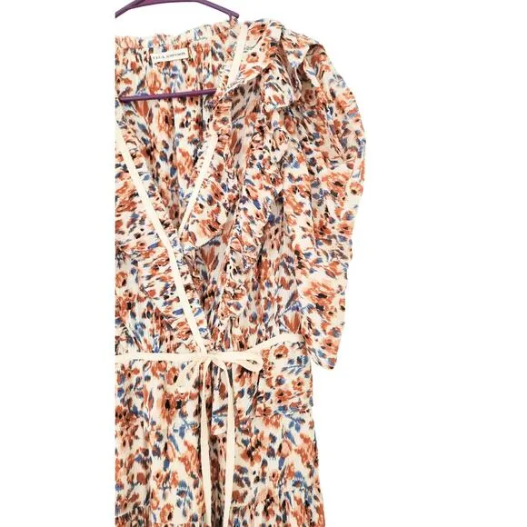 Ulla Johnson Dress Midi Wrap Orange Blue Ruffle Pleated Knit Trim Lisette US 4