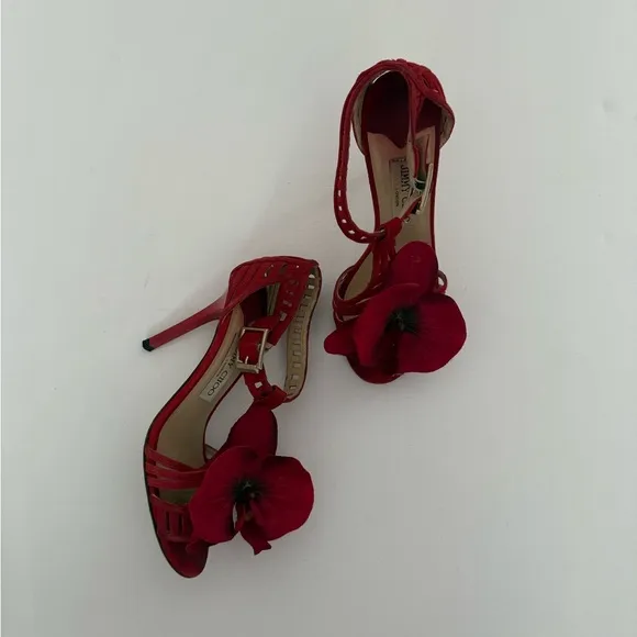Up-cycled Jimmy Choo Orchid flower sandals Heels shoes pumps 37 red suede