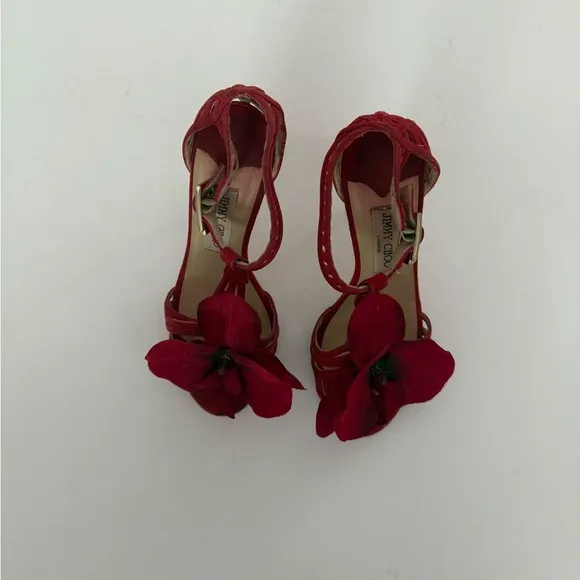 Up-cycled Jimmy Choo Orchid flower sandals Heels shoes pumps 37 red suede