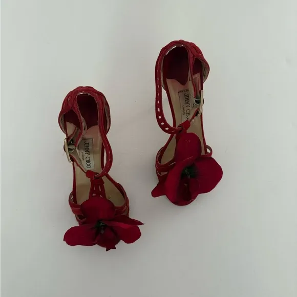 Up-cycled Jimmy Choo Orchid flower sandals Heels shoes pumps 37 red suede