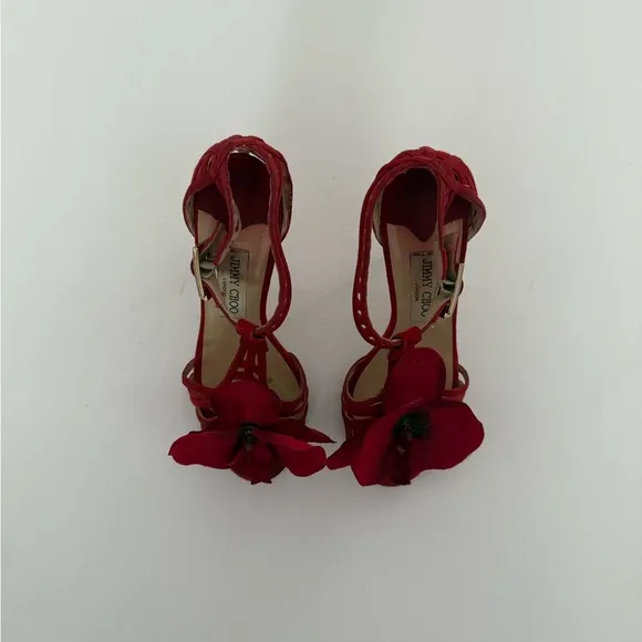 Up-cycled Jimmy Choo Orchid flower sandals Heels shoes pumps 37 red suede