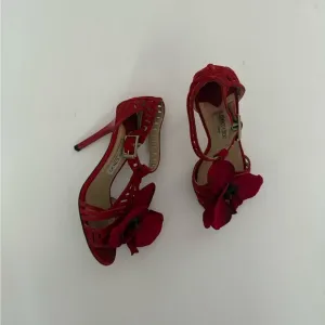 Up-cycled Jimmy Choo Orchid flower sandals Heels shoes pumps 37 red suede