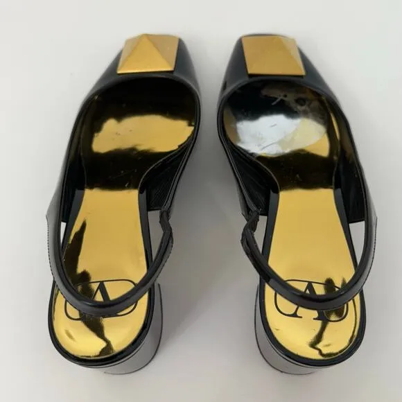 Valentino One Stud Slingback Pumps Black Patent Leather Shoes Block Heel 37/US7