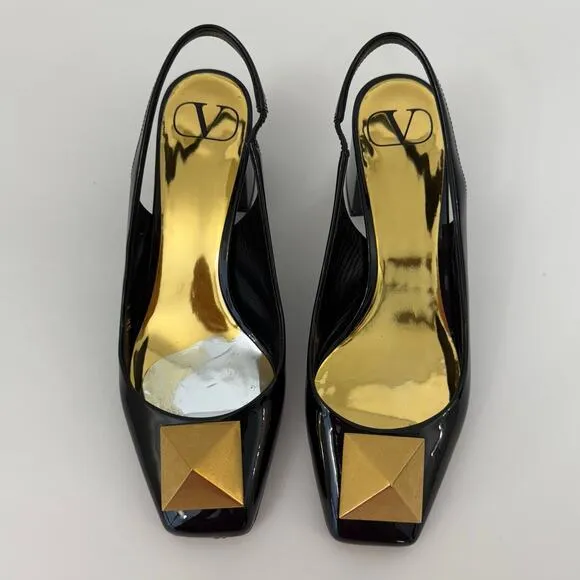 Valentino One Stud Slingback Pumps Black Patent Leather Shoes Block Heel 37/US7