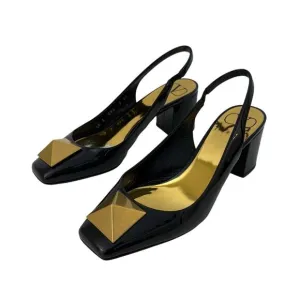 Valentino One Stud Slingback Pumps Black Patent Leather Shoes Block Heel 37/US7