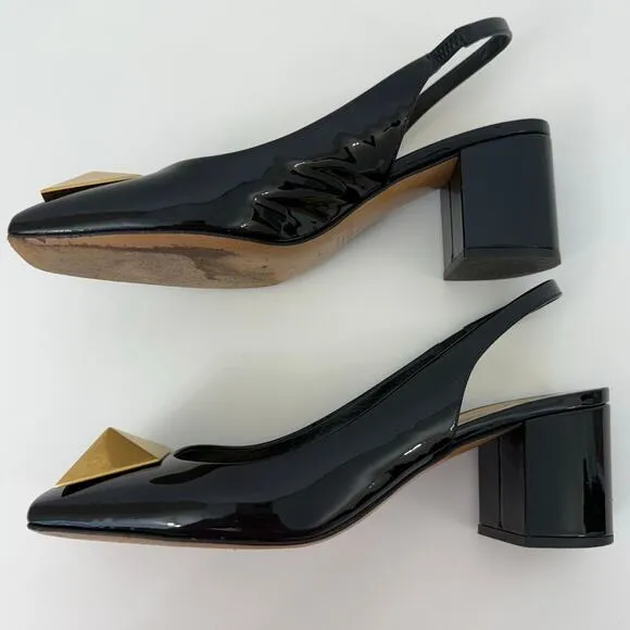 Valentino One Stud Slingback Pumps Black Patent Leather Shoes Block Heel 37/US7