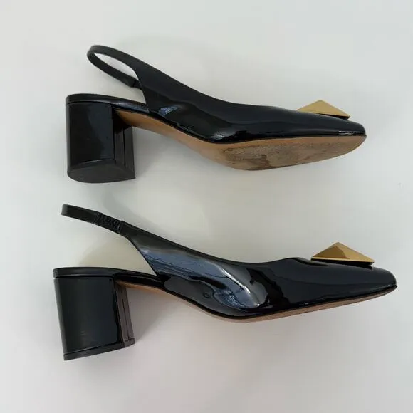 Valentino One Stud Slingback Pumps Black Patent Leather Shoes Block Heel 37/US7