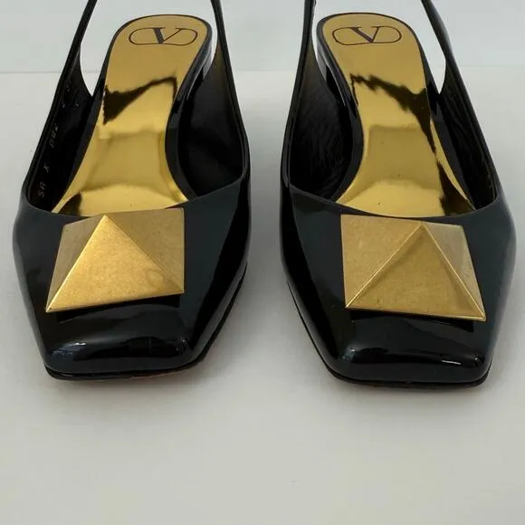 Valentino One Stud Slingback Pumps Black Patent Leather Shoes Block Heel 37/US7