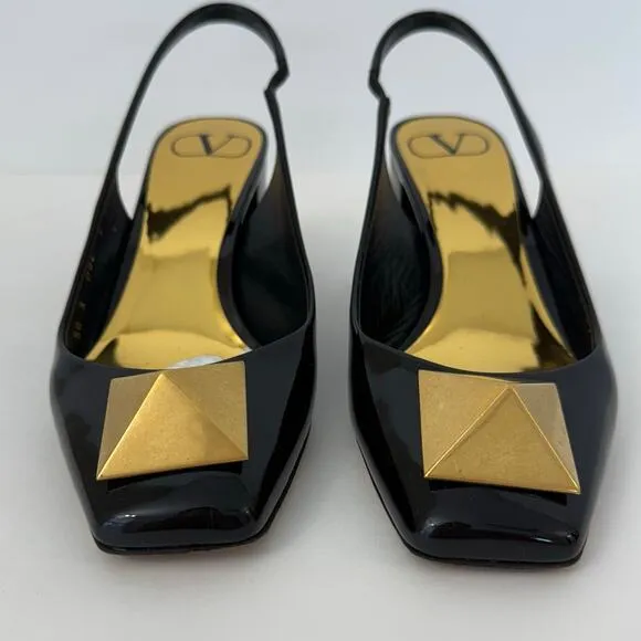 Valentino One Stud Slingback Pumps Black Patent Leather Shoes Block Heel 37/US7