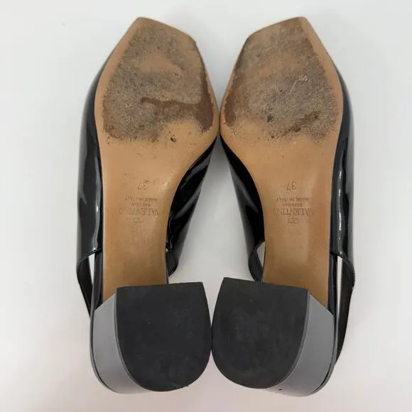 Valentino One Stud Slingback Pumps Black Patent Leather Shoes Block Heel 37/US7