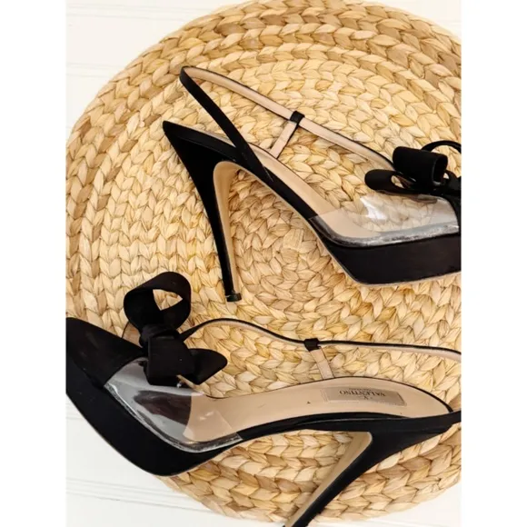 VALENTINO Satin PVC Bow Slingback Stiletto Heeled Sandals 10