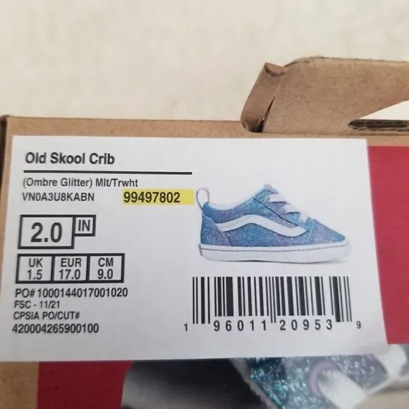 VANS Old Skool Ombre Glitter Baby Girl Crib Shoes Blue &amp; Purple Size 2 NEW