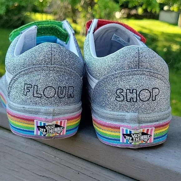 Vans Flour Shop Silver Sparkle Rainbow shoes size 7
