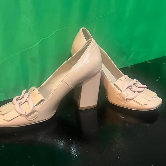 Vera Pelle Bianca DI Chunky Heel Pumps Sz (38) 8