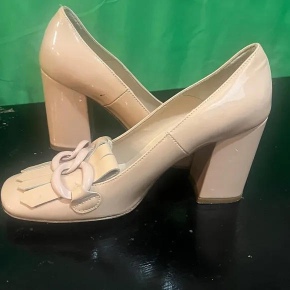 Vera Pelle Bianca DI Chunky Heel Pumps Sz (38) 8
