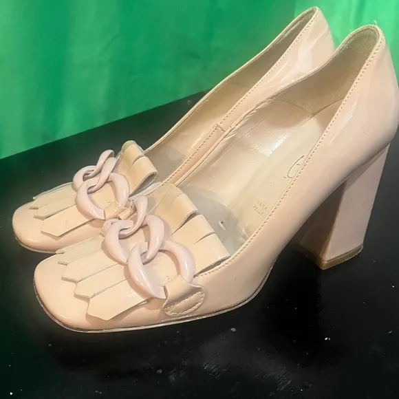 Vera Pelle Bianca DI Chunky Heel Pumps Sz (38) 8