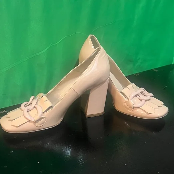 Vera Pelle Bianca DI Chunky Heel Pumps Sz (38) 8