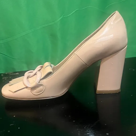 Vera Pelle Bianca DI Chunky Heel Pumps Sz (38) 8