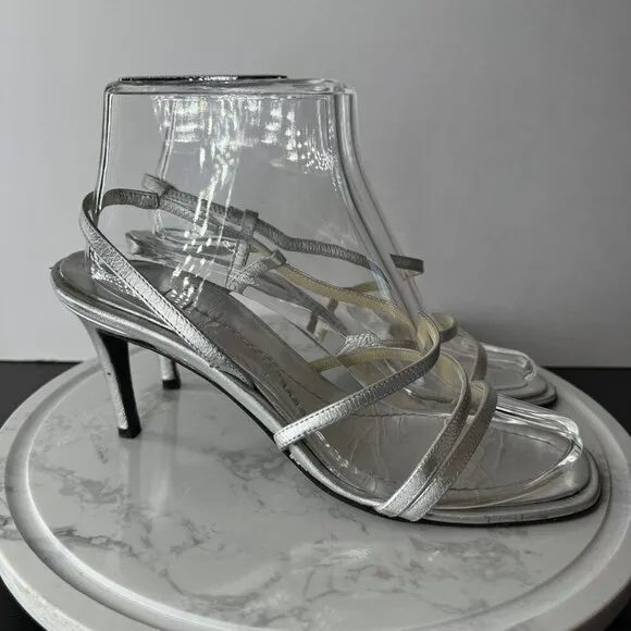 Vera Wang Silver Strappy High Heel Sandals Size 7 Made in Italy Bridal Wedding