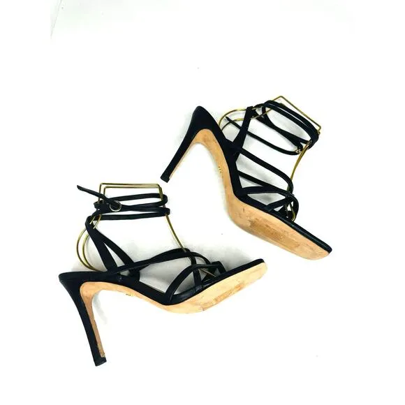 Veronica Beard Abriella Sandal Heel Strappy Ankle Black Leather Sandals Size 10m