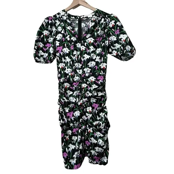 Veronica Beard Janis Dress 0 Pink Floral Ruched Puff Sleeve Wedding Brunch
