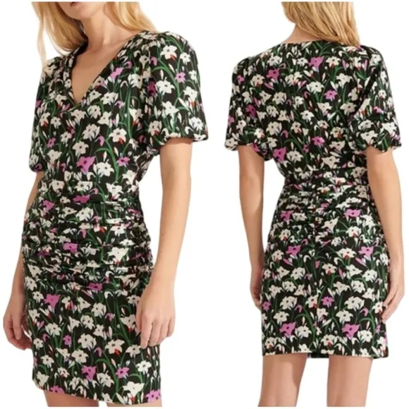 Veronica Beard Janis Dress 0 Pink Floral Ruched Puff Sleeve Wedding Brunch