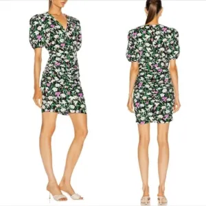 Veronica Beard Janis Dress 0 Pink Floral Ruched Puff Sleeve Wedding Brunch