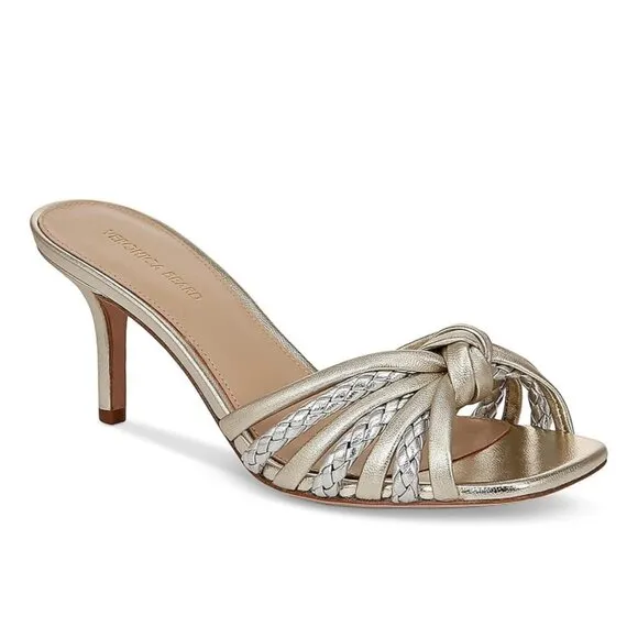 Veronica Beard Misa Metallic Braided Slide Sandals in Platinum Size 7