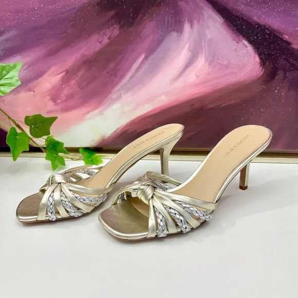 Veronica Beard Misa Metallic Braided Slide Sandals in Platinum Size 7