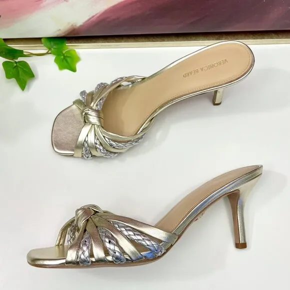 Veronica Beard Misa Metallic Braided Slide Sandals in Platinum Size 7