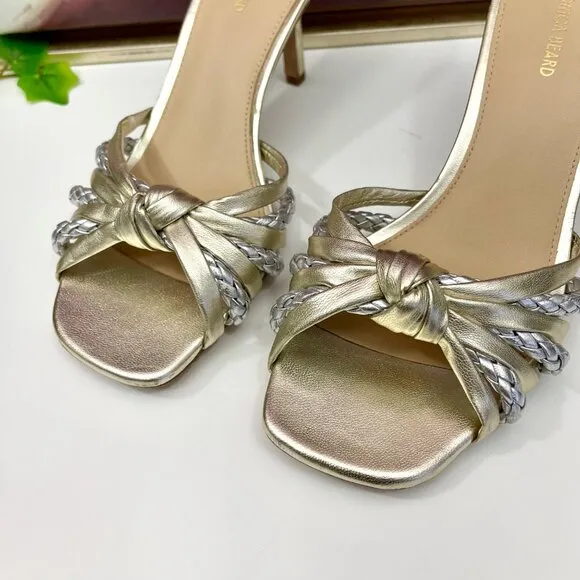Veronica Beard Misa Metallic Braided Slide Sandals in Platinum Size 7