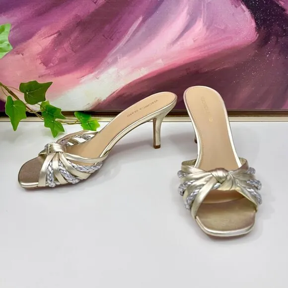 Veronica Beard Misa Metallic Braided Slide Sandals in Platinum Size 7