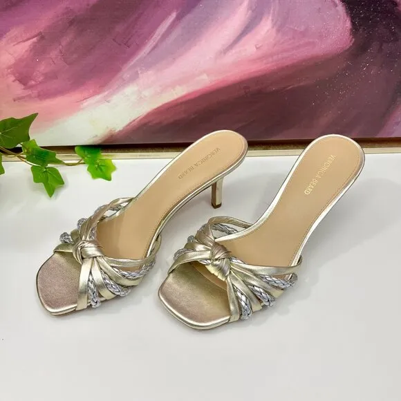 Veronica Beard Misa Metallic Braided Slide Sandals in Platinum Size 7