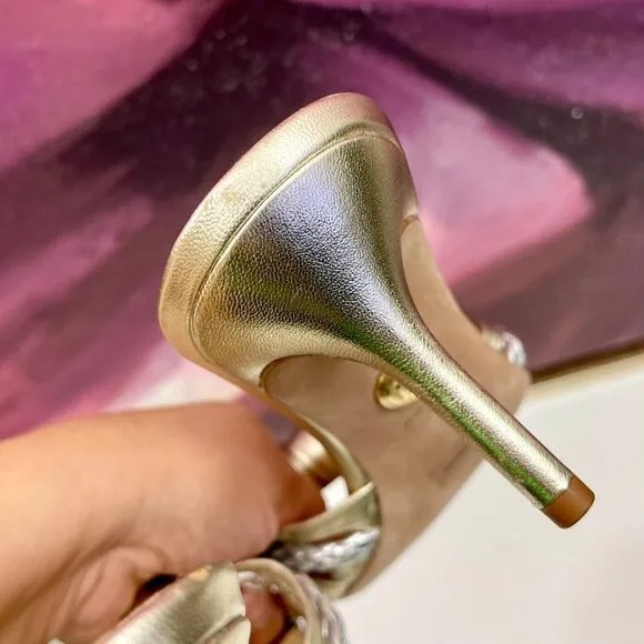 Veronica Beard Misa Metallic Braided Slide Sandals in Platinum Size 7