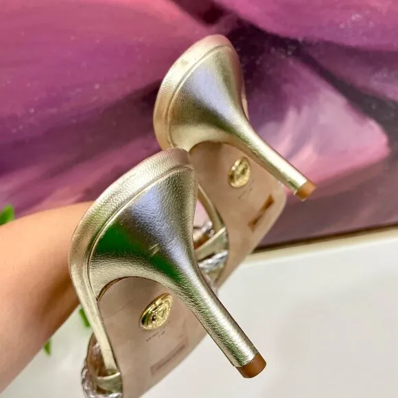 Veronica Beard Misa Metallic Braided Slide Sandals in Platinum Size 7